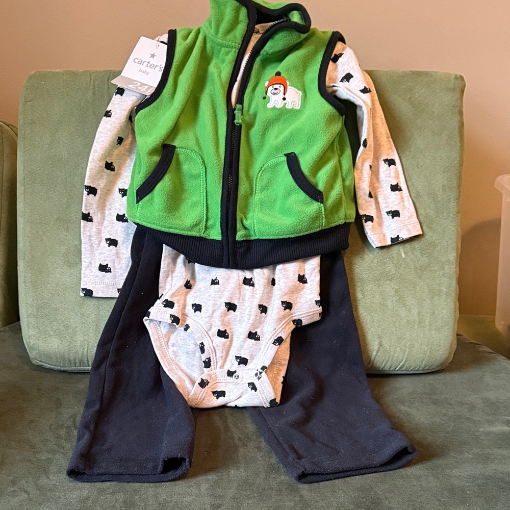 Carter's Green Vest Outfit with Dog Print